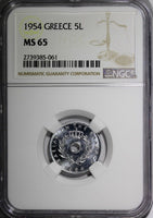 Greece Aluminum 1954 5 Lepta NGC MS65 BU  Proof Like KM# 77