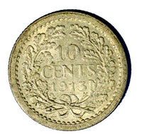 Netherlands Wilhelmina I Silver 1913 10 Cents Toned KM# 145