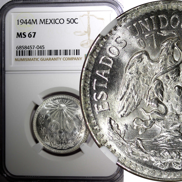 Mexico ESTADOS UNIDOS Silver 1944 M 50 Centavos NGC MS67 GEM BU KM# 447 (045)