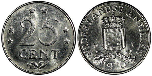 Netherlands Antilles Nickel 1970 25 Cents 20mm 1st Year Type GEM BU KM# 11 (508)