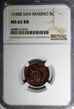 San Marino Bronze 1938 R 5 Centesimi NGC MS65 RB Mintage-200,000 KM# 12 (19)