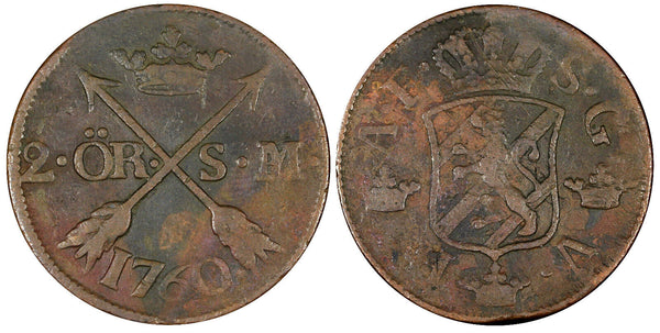 Sweden Adolf Frederick Copper 1760 2 Ore, S.M. Mintage-558,000 KM# 461 (21 347)