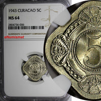 Curacao 1943 5 Cents NGC MS64 WWII  Light Toned Quadrangular KM# 40 (006)