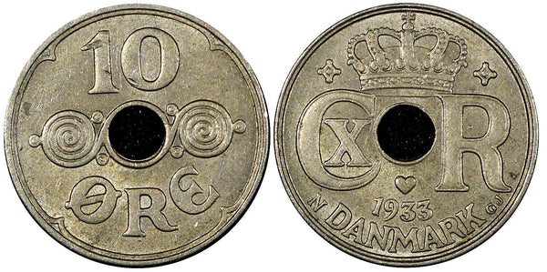 Denmark Christian X Copper-Nickel 1933 10 Ore Better Date XF KM# 822.2  (21 237)