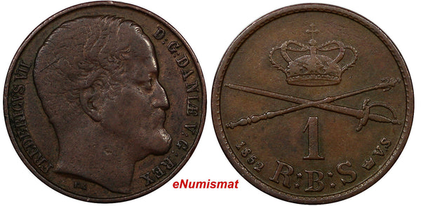 Denmark Frederik VII Copper 1852 FK VS Rigsbankskilling 1 YEAR SCARCE KM#754(6)