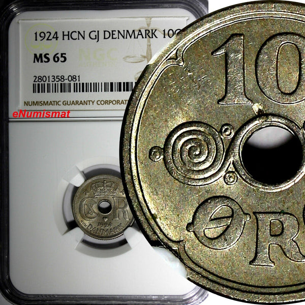 Denmark Christian X 1924 HCN GJ 10 ORE NGC MS65 BU Nice High Grade KM# 822.1(81)