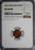 Finland Copper 1921 1 Penni NGC MS64 RB TOP GRADED BY NGC KM# 23 (013)