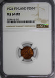 Finland Copper 1921 1 Penni NGC MS64 RB TOP GRADED BY NGC KM# 23 (013)