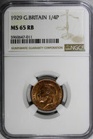 Great Britain George V 1929 Farthing NGC MS65 RB 1 GRADED HIGHEST KM# 825 (11)