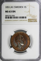 Sweden Oscar I 1851/41 1 Skilling NGC MS63 BN SCARCE OVERDATE KM# 671 (050)