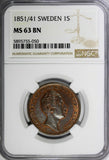 Sweden Oscar I 1851/41 1 Skilling NGC MS63 BN SCARCE OVERDATE KM# 671 (050)