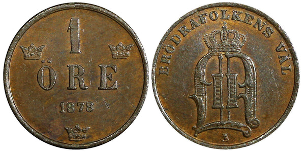 Sweden Oscar II Bronze 1878 1 Öre Large letters aUNC KM# 745 (21 927)