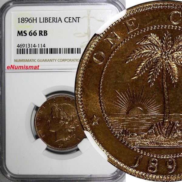 Liberia Bronze 1896 H 1 Cent NGC MS66 RB Nice Mint Luster TOP GRADED KM#5 (14)