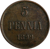 Finland Nicholas II Copper 1899 5 Penniä Mintage-860,000 KM# 15  (18 732)