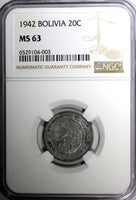 Bolivia Zinc 1942 20 Centavos NGC MS63 TOP GRADED  WWII KM#183 (3)