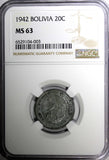 Bolivia Zinc 1942 20 Centavos NGC MS63 TOP GRADED  WWII KM#183 (3)