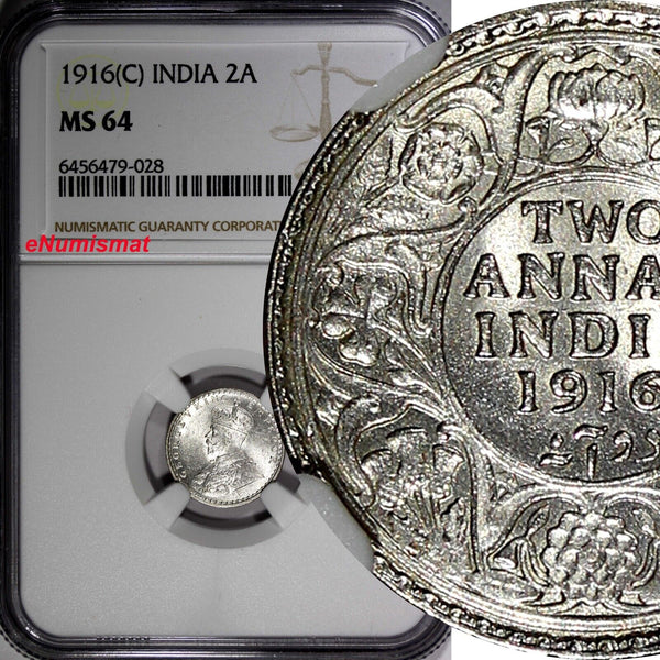 India-British George V Silver 1916 (C) 2 Annas Calcutta NGC MS64 KM# 515 (028)