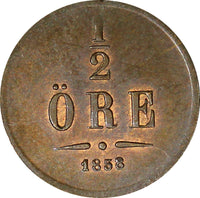 Sweden Oscar I Bronze 1858 1/2 Ore RED-BROWN UNC KM# 686 (21 886)