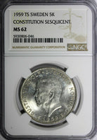 SWEDEN Silver 1959 TS 5 Kronor NGC MS62 Constitution Sesquicentennial KM#830(6)