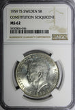 SWEDEN Silver 1959 TS 5 Kronor NGC MS62 Constitution Sesquicentennial KM#830(6)