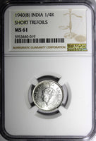 India-British George VI Silver 1940 (B) 1/4 Rupee NGC MS61 KM# 545 (019)