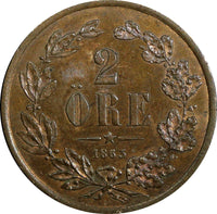 Sweden Carl XV Adolf Bronze 1863 2 Öre Nice RED-BROWN UNC KM# 706 (21 945)