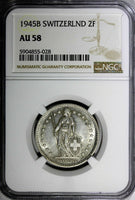 Switzerland Silver 1945 B 2 Francs NGC AU58 Helvetia KM# 21 (028)
