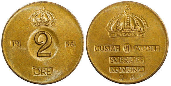 Sweden Gustaf VI Bronze 1956 TS 2 Ore GEM BU Toned KM# 821 (21 957)