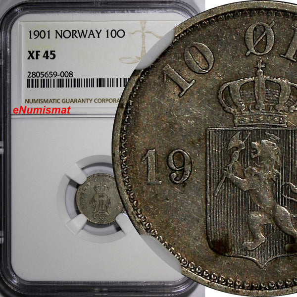 Norway Oscar II Silver 1901 10 Ore NGC XF45 Norwegian Lion KM# 350 (008)