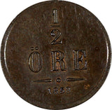 Sweden Oscar I Bronze 1858 1/2 Ore High Grade KM# 686 (20 796)