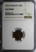 Norway Oscar II Bronze 1876 1 Ore NGC AU58 BN  Lion 1ST DATE FOR TYPE KM# 352