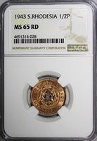 Southern Rhodesia Bronze 1943 1/2 Penny NGC MS65 RD FULL RED TONING KM# 14a