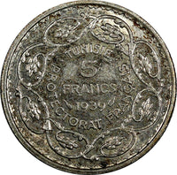 Tunisia  Silver 1358 (1939) 5 Francs Paris Mint 1 YEAR TYPE aUNC KM# 264 (970)