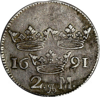 SWEDEN Carl XI (1660-1697) Silver 1691 2 Mark  SCARCE KM# 282.1 (13 238)