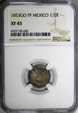 Mexico FIRST REP.SILVER 1853 GO PF 1/2 Real NGC XF45 1 GRADED HIGHER KM370.7(82)