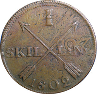 SWEDEN COPPER 1802  1 SKILLING OVERSTRUCK ON 2 ORE S.M. 1749 / FULL DATE  (2345)