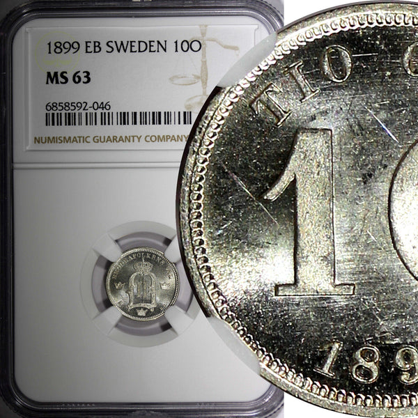 SWEDEN Oscar II Silver 1899 EB 10 Ore NGC MS63 GEM BU  KM# 755 (046)