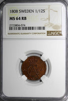 SWEDEN Gustaf IV Copper 1808 1/12 Skilling NGC MS64 RB ONLY 1GRADED HIGHER KM563