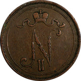 Finland Nicholas II Copper 1905 10 Penniä Mintage-500,000 KM# 14 (18 738)