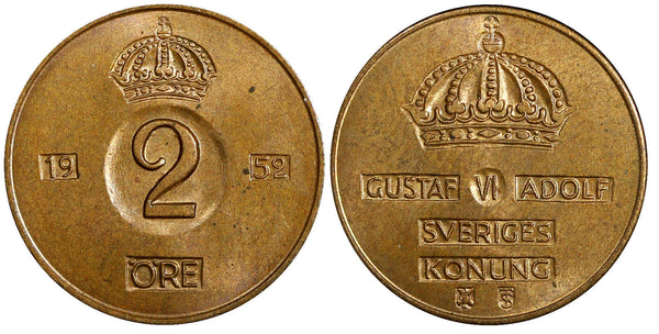 Sweden Gustaf VI Bronze 1952 TS 2 Ore GEM BU Toned KM# 821 (21 959)