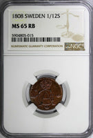 SWEDEN Gustaf IV Copper 1808 1/12 Skilling NGC MS65 RB TOP GRADED KM# 563 (015)