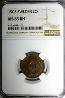 Sweden Oscar II Bronze 1902 2 Ore NGC MS63 BN KM# 746 (102)