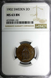 Sweden Oscar II Bronze 1902 2 Ore NGC MS63 BN KM# 746 (102)