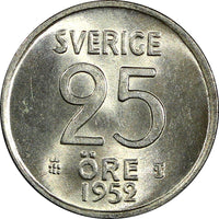 Sweden Gustaf VI Silver 1952 TS 25 Öre GEM BU COIN KM# 824 (22 012)