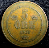 SWEDEN Oscar II Bronze 1901 5 Öre 27mm Mintage-441,660 KM# 757 (23 166)