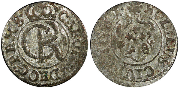LIVONIA Riga CARL XI of Sweden (1660-1697)Silver 1661 Solidus VF KM#55 (22 238)
