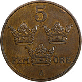 Sweden Gustaf V Bronze 1913 5 Öre Mintage-761,780 ch.XF KM# 779.2 (20 619)
