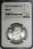Sweden Gustav V Silver 1922 W 2 Kronor Mintage-201,821 NGC MS63 KM# 787 (033)