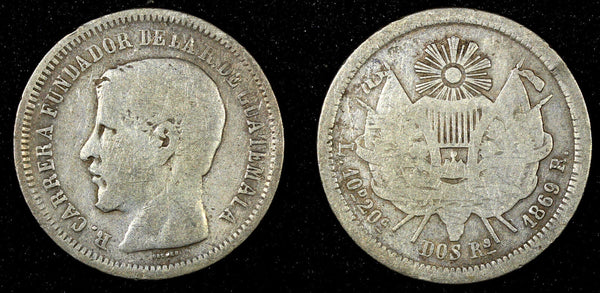 GUATEMALA Silver 1869 R 2 Reales Rafael Carrera Mintage-124 413 KM# 142 (737)