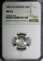 Sweden Oscar II Silver 1896 EB 25 Ore NGC MS63  KM# 739